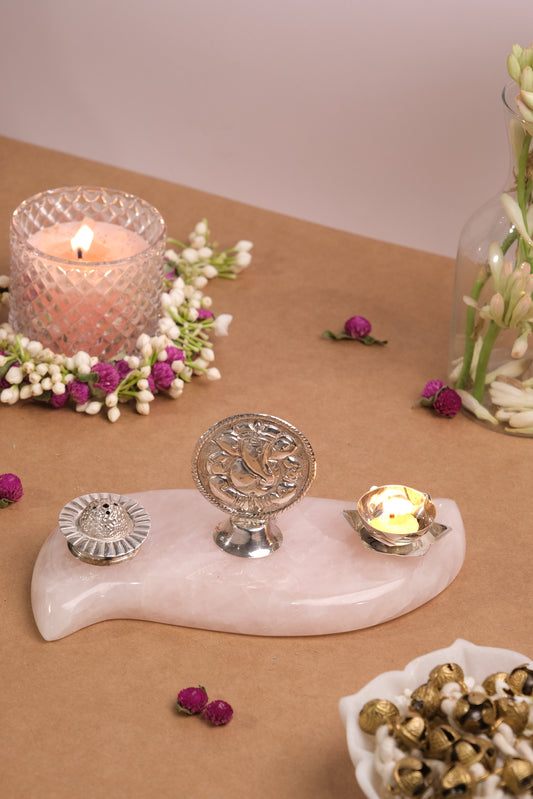 NATURAL ROSE QUARTZ BASE WITH SILVER GANESHA, AGARBATTI STAND & DIYA HOLDER