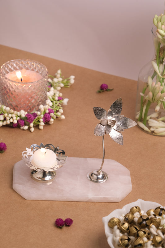 NATURAL ROSE QUARTZ BASE WITH FLOWER & CANDLE STAND