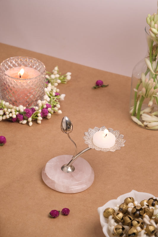 NATURAL ROSE QUARTZ BASE WITH CANDLE STAND & FLOWER