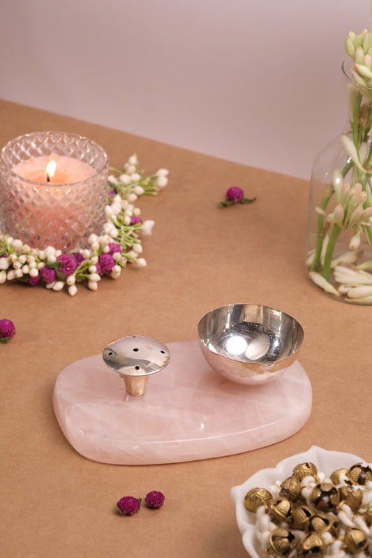 NATURAL ROSE QUARTZ BASE WITH AGARBATTI STAND & BOWL