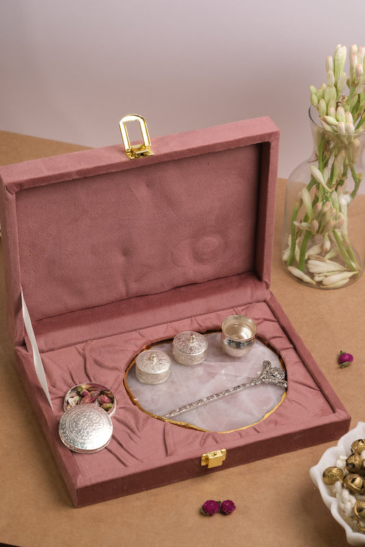 NATURAL ROSE QUARTZ PUJA THALI WITH TILAK STICK AND BOWL