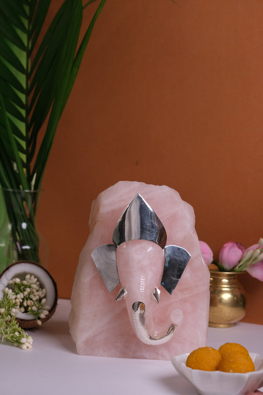 Natural Rose Quartz Un-Shaped Ganesha with Pure Silver ornaments