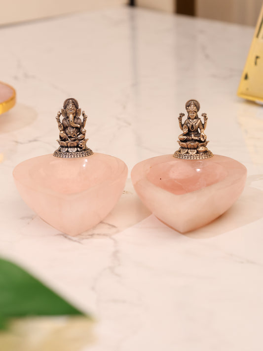 ROSE QUARTZ DIYA WITH PURE SILVER LAKSHMI GANESHA