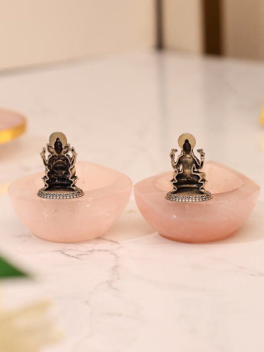 ROSE QUARTZ DIYA WITH PURE SILVER LAKSHMI GANESHA