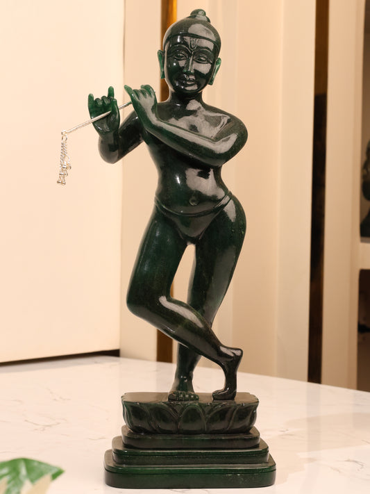 Green Aventurine Krishna with silver flute