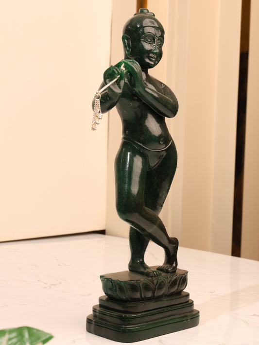 Green Aventurine Krishna with silver flute