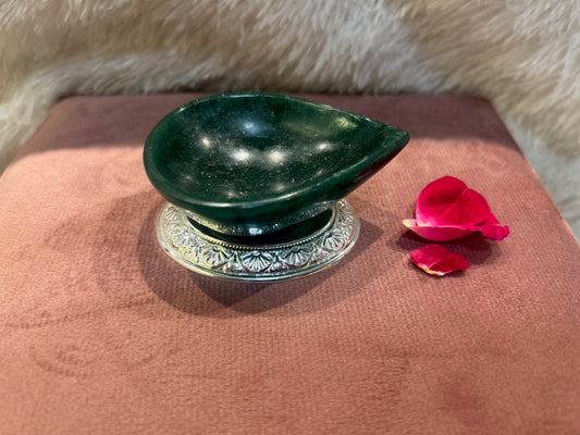 Natural DARK GREEN AVENTURINE Diya/Lamp With Silver Base