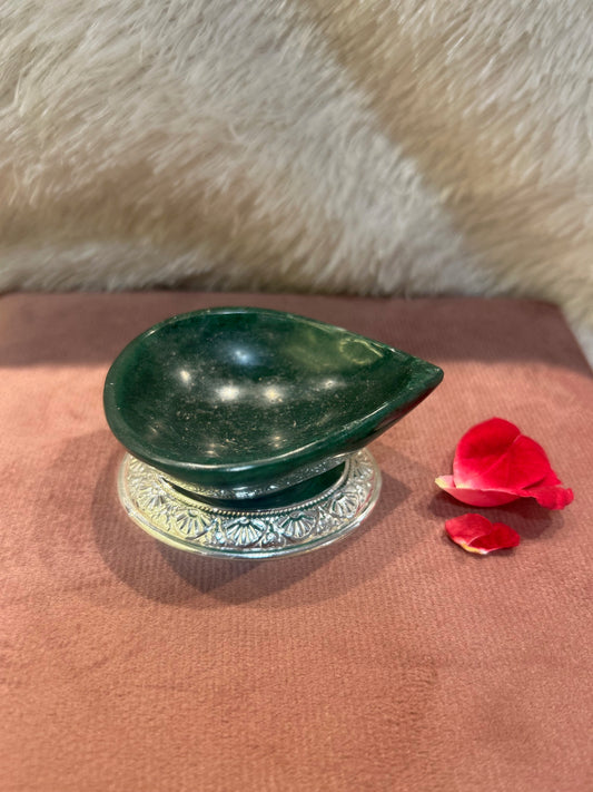 Natural DARK GREEN AVENTURINE Diya/Lamp With Silver Base