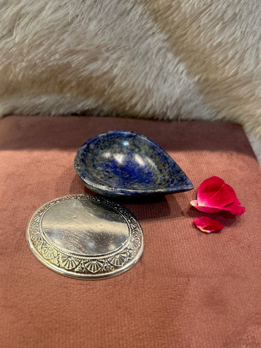 Natural LAPIS LAZULI Diya/Lamp With Silver Base