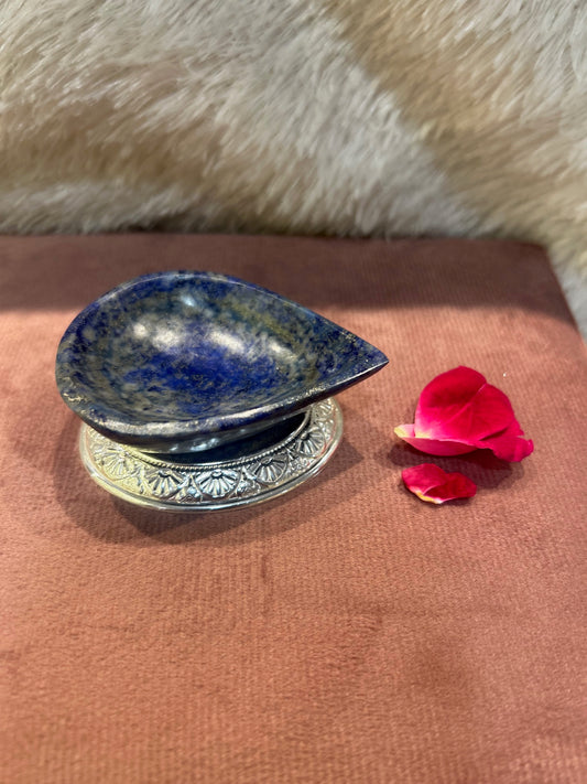 Natural LAPIS LAZULI Diya/Lamp With Silver Base