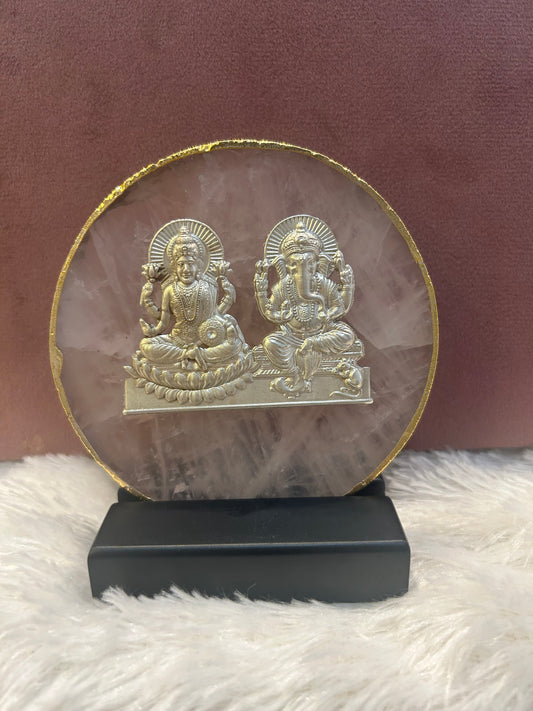 Natural rose quartz coaster with pure silver Lakshmi Ganesha