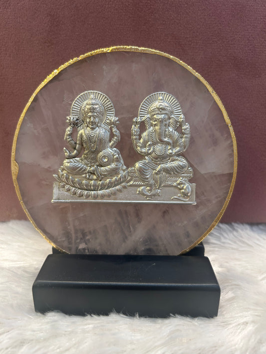 Natural rose quartz coaster with pure silver Lakshmi Ganesha