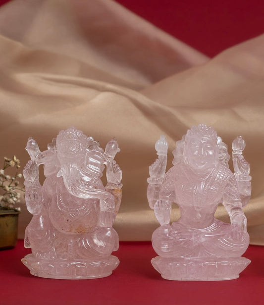 Natural Rose Quartz Lakshmi Ji & Ganesha