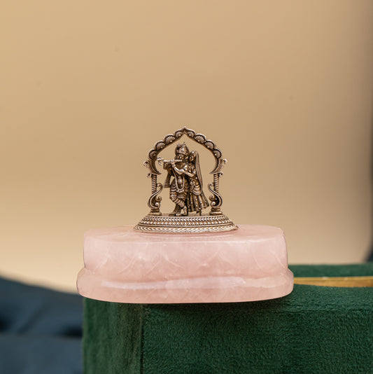 Natural rose quartz base with silver Radha Krishna