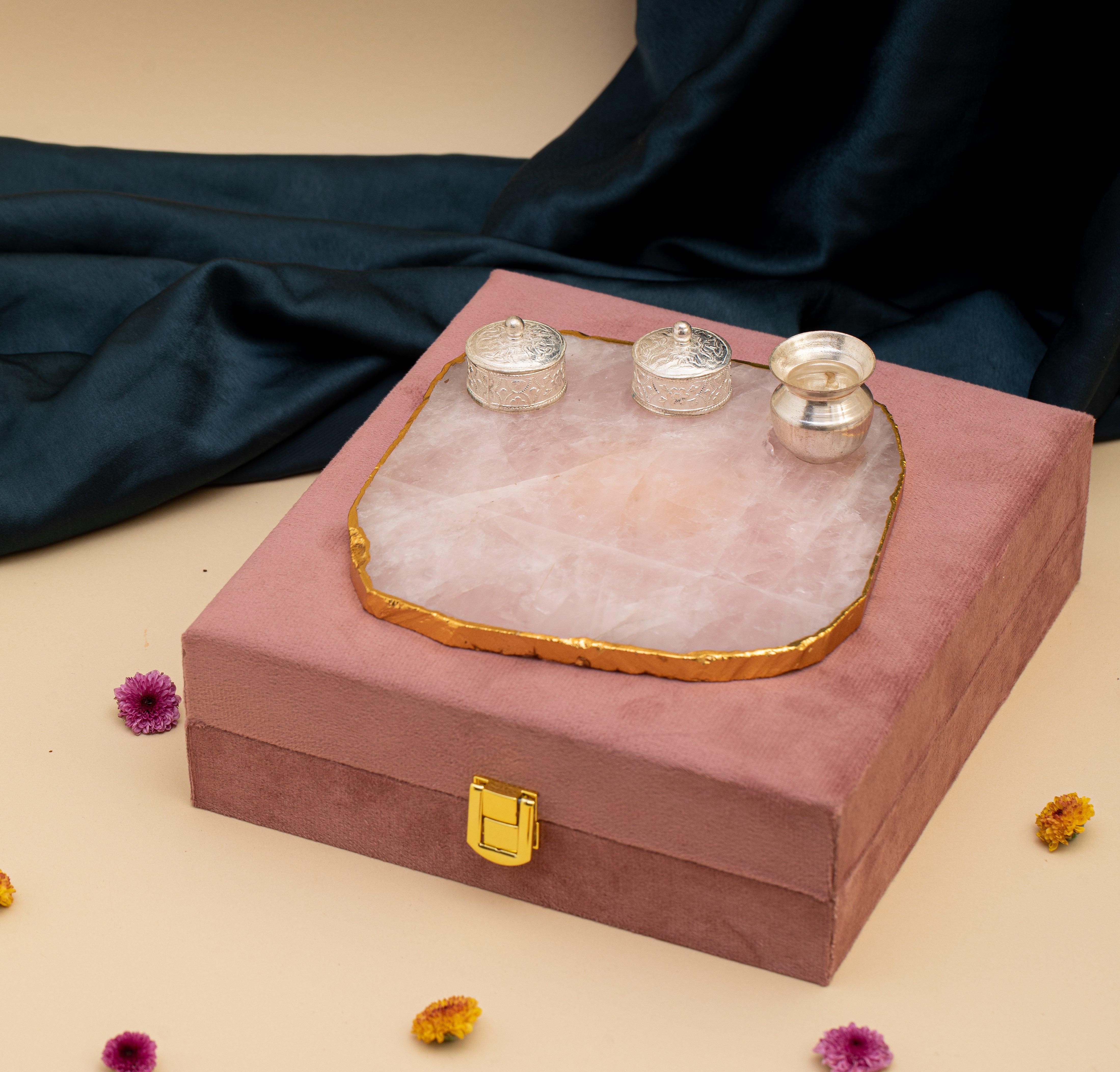 NATURAL ROSE QUARTZ PUJA THALI