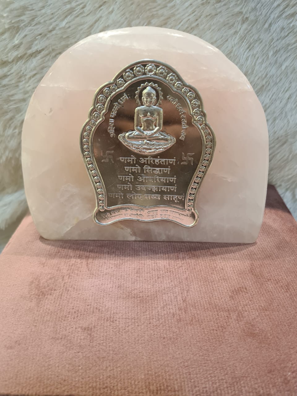 Natural Rose Quartz Stone  With Pure Silver Namokar Mantra Mahaveer