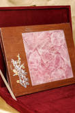 NATURAL ROSE QUARTZ INLAY PLATTER WITH SILVER FLORAL ACCENT ON WOODEN BASE