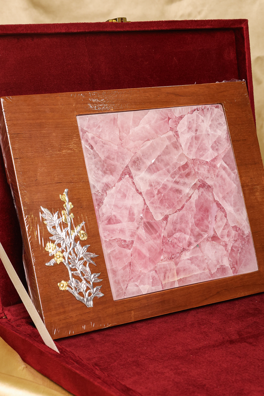 NATURAL ROSE QUARTZ INLAY PLATTER WITH SILVER FLORAL ACCENT ON WOODEN BASE